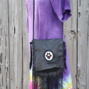 Wolf paw medicine bag , Fringed leather handbag , Crossbody handbag , Wolf paw totem bag image 8