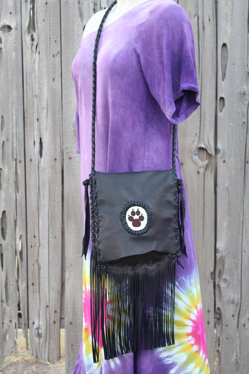 Wolf paw medicine bag , Fringed leather handbag , Crossbody handbag , Wolf paw totem bag image 8