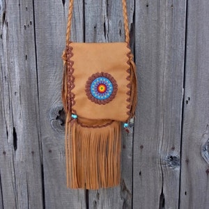 Beaded leather handbag, leather handbag with fringe , starburst mandala , southwestern bag , handmade leather bag