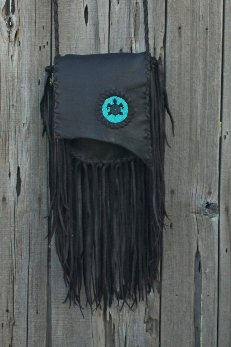 Leather handbag, Artisan crossbody bag with beaded turtle totem , Fringed leather handbag image 1