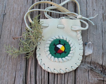 Beaded Turtle Leather Medicine Bag: Palomino Drawstring Amulet Pouch