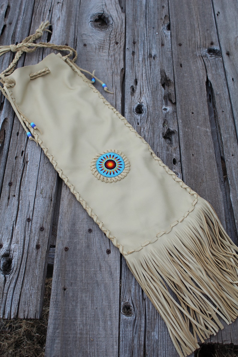 Beaded chanupa bag , Leather pipe bag , Fringed leather pipe bag image 1