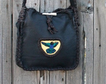 Chocolate brown leather tote with beaded hummingbird totem ,  Beaded leather handbag , Leather handbag