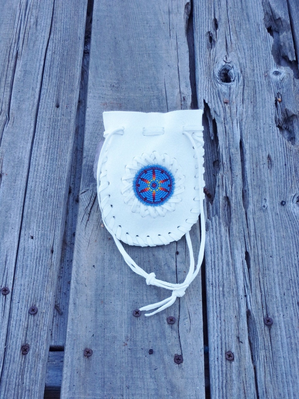 White drawstring pouch Beaded pouch White leather bag | Etsy