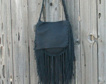 Black leather handbag with fringe , Custom made leather purse, Fringed leather hobo handbag ,  Black leather purse
