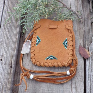 Beaded drawsting pouch ,  Beaded leather bag , Beaded medicine bag