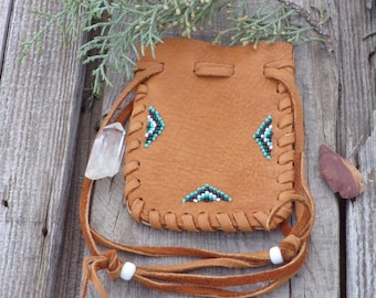 Beaded drawsting pouch ,  Beaded leather bag , Beaded medicine bag