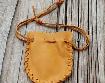 Handmade Leather Drawstring Pouch: Saddle Tan Medicine Bag