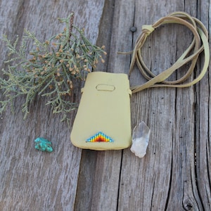 Beaded buckskin bag , Leather medicine pouch , Crystal bag , Talisman bag