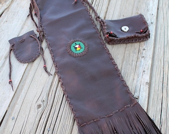 Beaded Turtle Buffalo Leather Pipe Bag, Braided Fringe