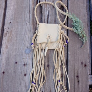 Shaman's bag , Pow wow dance bag , Tribal medicine bag , Fringed leather amulet bag , Leather neck bag image 5