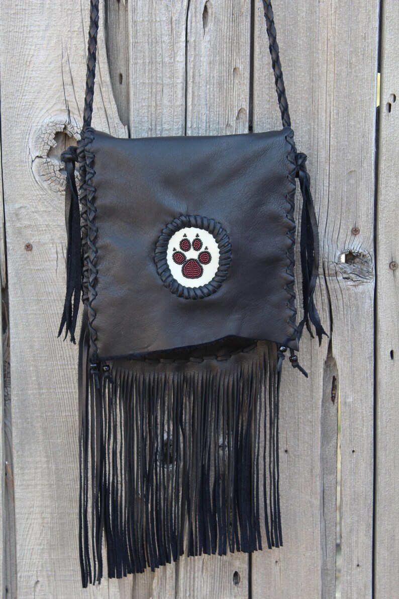 Wolf paw medicine bag , Fringed leather handbag , Crossbody handbag , Wolf paw totem bag image 1