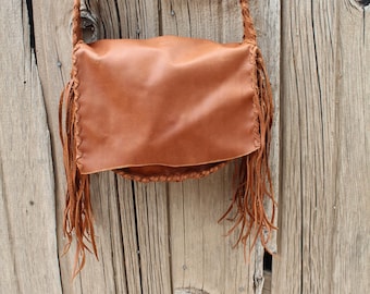 Rust Fringed Leather Shoulder Bag, Handmade