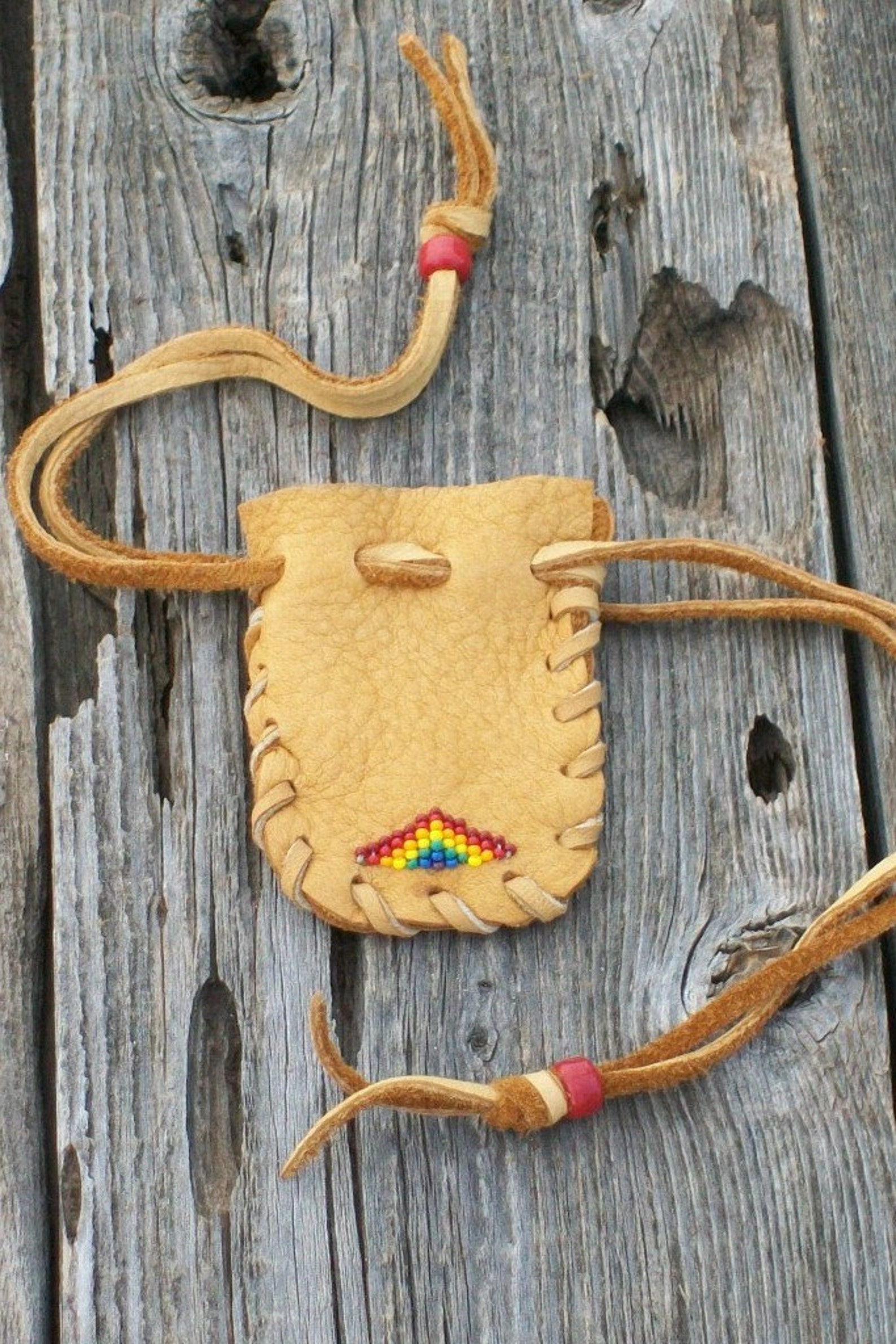 Beaded leather pouch Drawstring medicine bag Rainbow bead Etsy