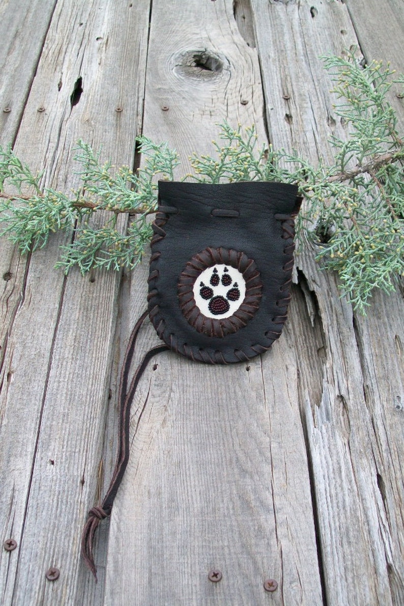 Wolf medicine bag , Leather neck pouch , Leather amulet bag, Beaded medicine bag, Talisman bag, Wolf totem , Leather medicine bag image 3