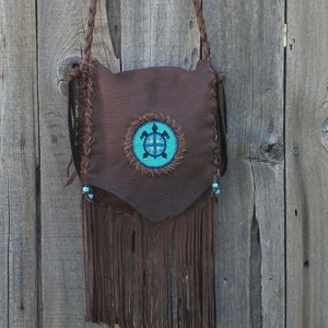 Leather handbag with fringe , Beaded leather crossbody handbag , Fringed leather shoulder bag , Turtle totem bag , Designer Handbag image 1