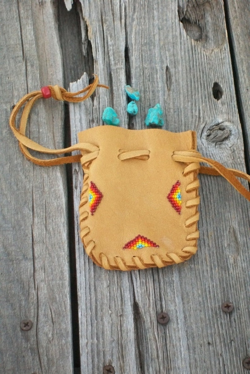 Beaded Leather Pouch , beaded medicine bag , drawstring leather pouch image 4