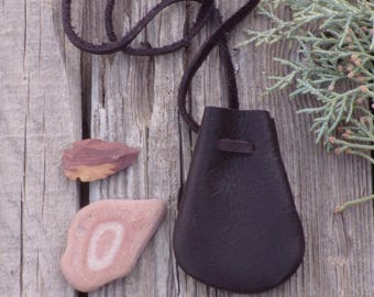 Brown leather amulet neck bag  , leather pouch , medicine pouch , crystal bag