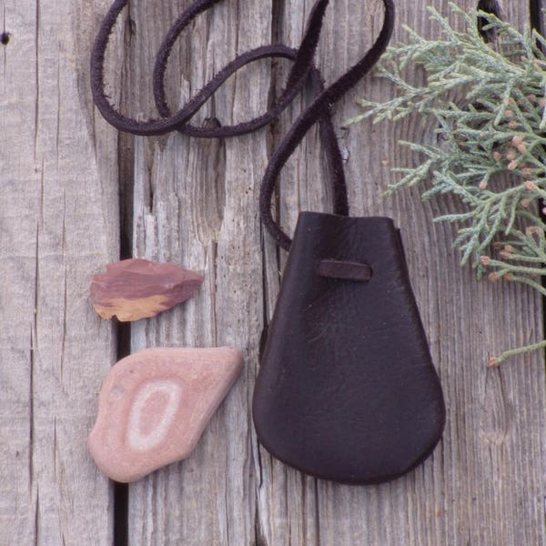 Brown leather amulet neck bag  , leather pouch , medicine pouch , crystal bag
