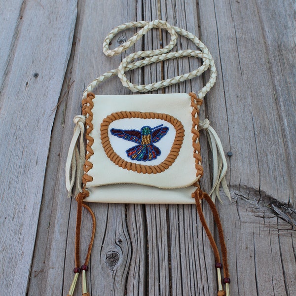 Small leather handbag , Beaded leather purse , Beaded hummingbird bag , Crossbody purse