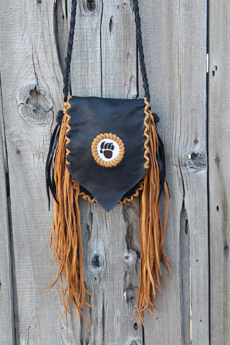 Fringed leather handbag, beaded bear paw, bear paw handbag, leather handbag, small size handbag, phone bag image 8