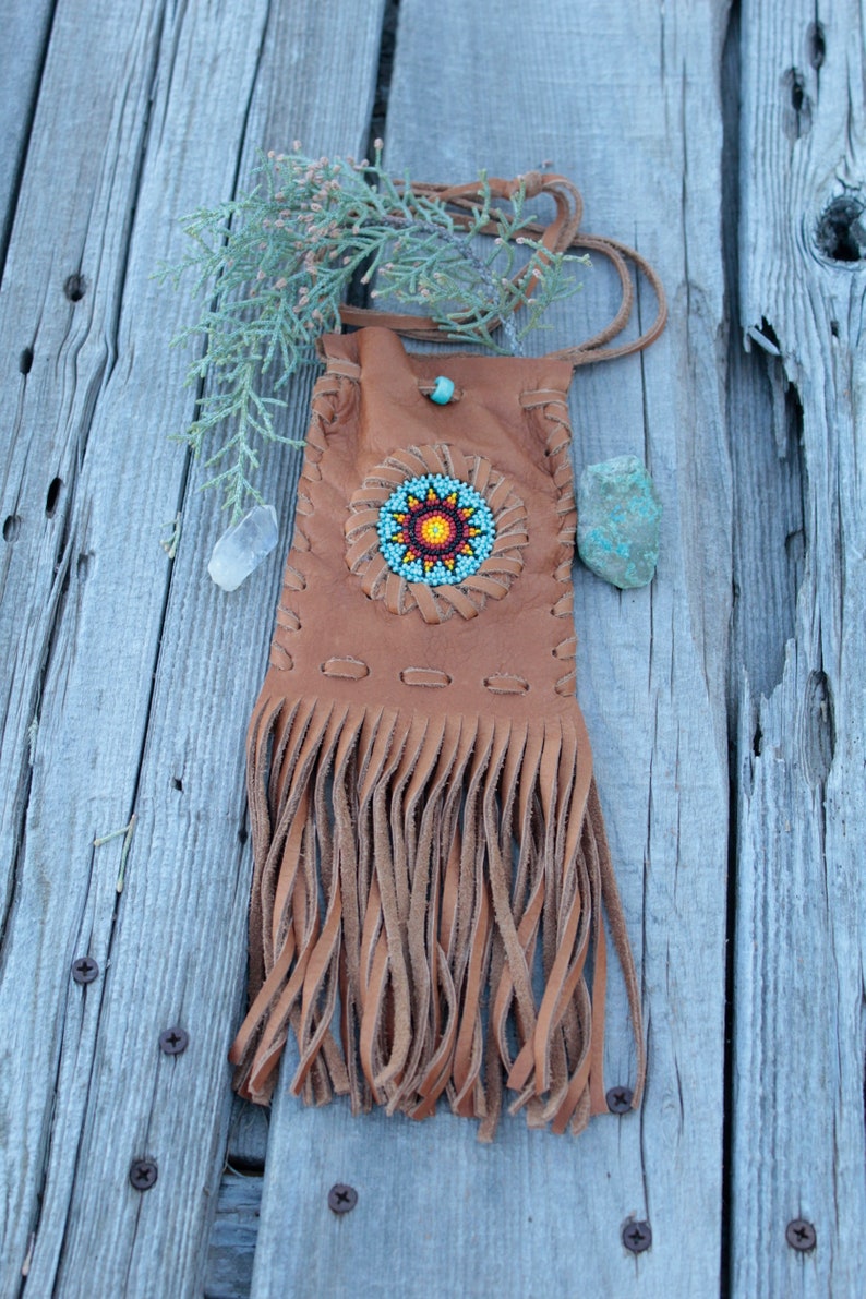 Fringed leather bag medicine bag amulet bag beaded | Etsy