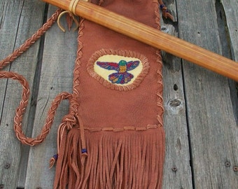 Hummingbird flute bag ,  Fringed flute bag ,  Hummingbird art , Native style flute bag ,  Leather flute bag