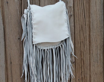 Handmade Off White Leather Fringed Handbag: Boho Hippie Style