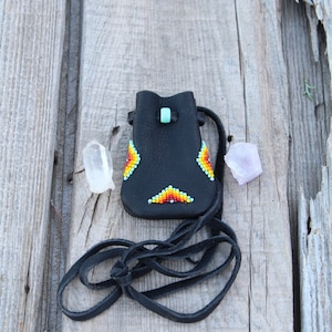 Beaded Buckskin Leather Medicine Bag, Amulet Necklace