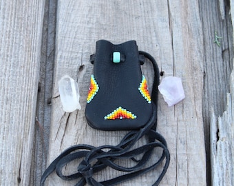 Beaded black medicine bag, beaded necklace bag, buckskin leather pouch, amulet bag, crystal pouch, medicine bag, mojo bag, shamans bag