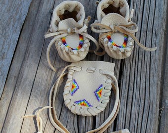 Beaded Buckskin Baby Moccasin Set with Medicine Bag