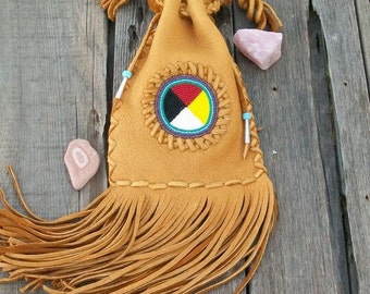 Beaded Leather Medicine Bag, Fringed Cedar handbag, Handmade pipe carrier handbag