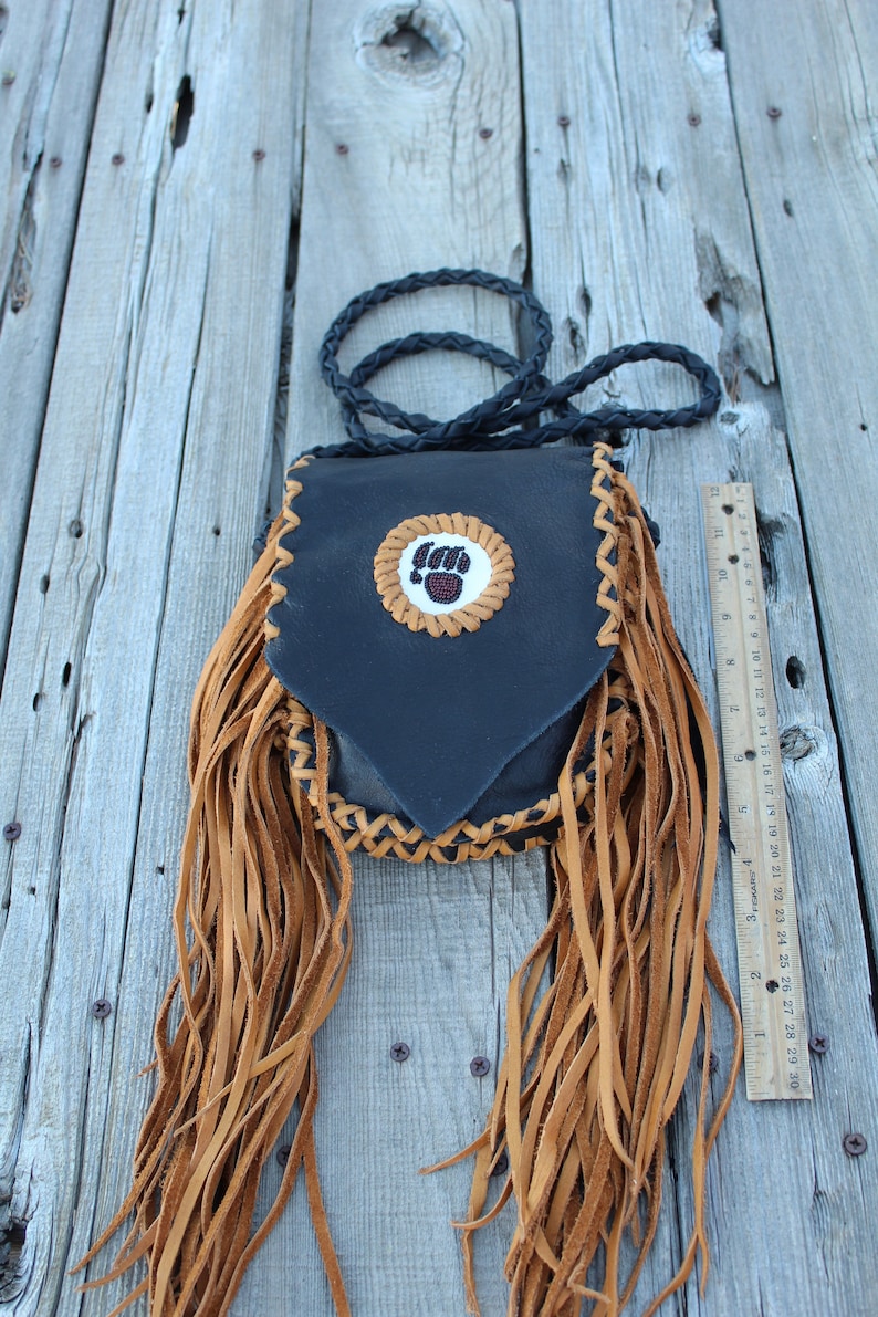 Fringed leather handbag, beaded bear paw, bear paw handbag, leather handbag, small size handbag, phone bag image 7