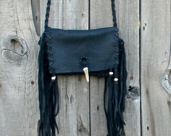 Fringed Leather Clutch, Black Shoulder Bag, Boho Style
