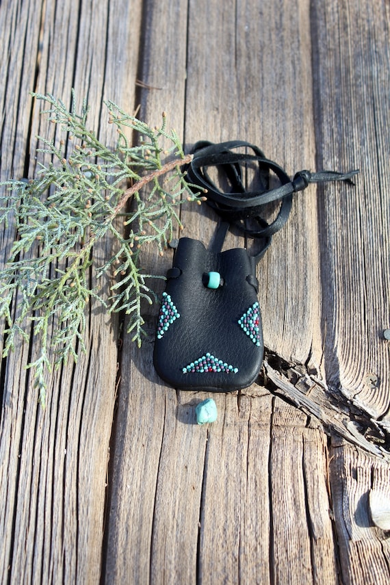 Beaded Leather Medicine Bag, Turquoise Green Accent, Keepsake Pouch