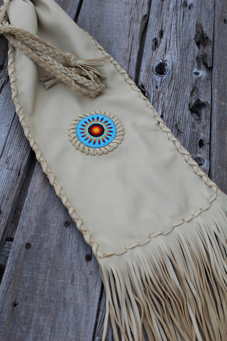 Beaded chanupa bag , Leather pipe bag , Fringed leather pipe bag image 9