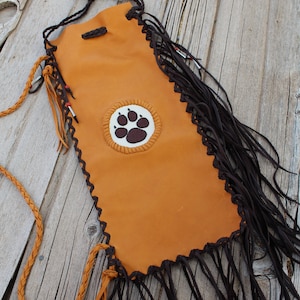 Pipe bag with beaded wolf paw, leather pipe bag , chanupa bag , wolf paw totem bag , fringed pipe bag , ceremonial pipe bag