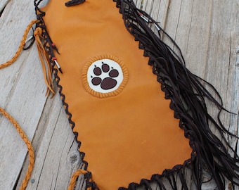 Pipe bag with beaded wolf paw, leather pipe bag , chanupa bag , wolf paw totem bag , fringed pipe bag , ceremonial pipe bag