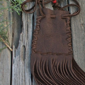 Drawstring leather pouch , Fringed medicine bag , Fringed leather pouch