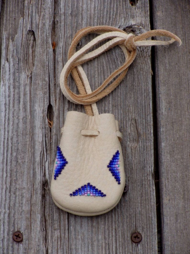 beaded medicine bag , necklace bag , buckskin leather pouch image 1