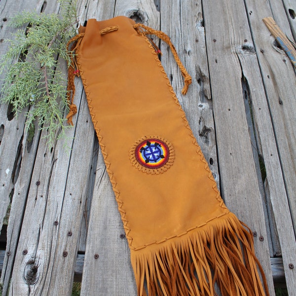 Fringed pipe bag ,  Beaded turtle totem , Leather Pipe bag ,  Beaded pipe bag