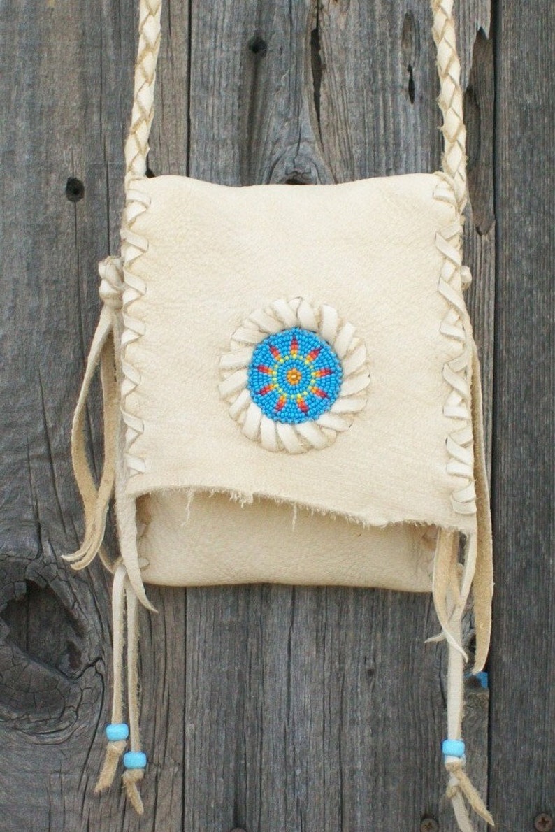 Beaded leather purse , Handmade crossbody shoulder bag , Sunburst beadwork ,Cell phone bag , Camera case image 2