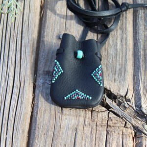 Beaded medicine bag , black medicine bag, leather necklace bag, keepsake pouch , amulet bag image 7