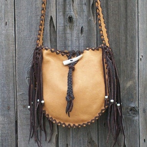 Fringed leather tote , Handmade crossbody bag , Crossbody shoulder bag , Leather handbag image 5