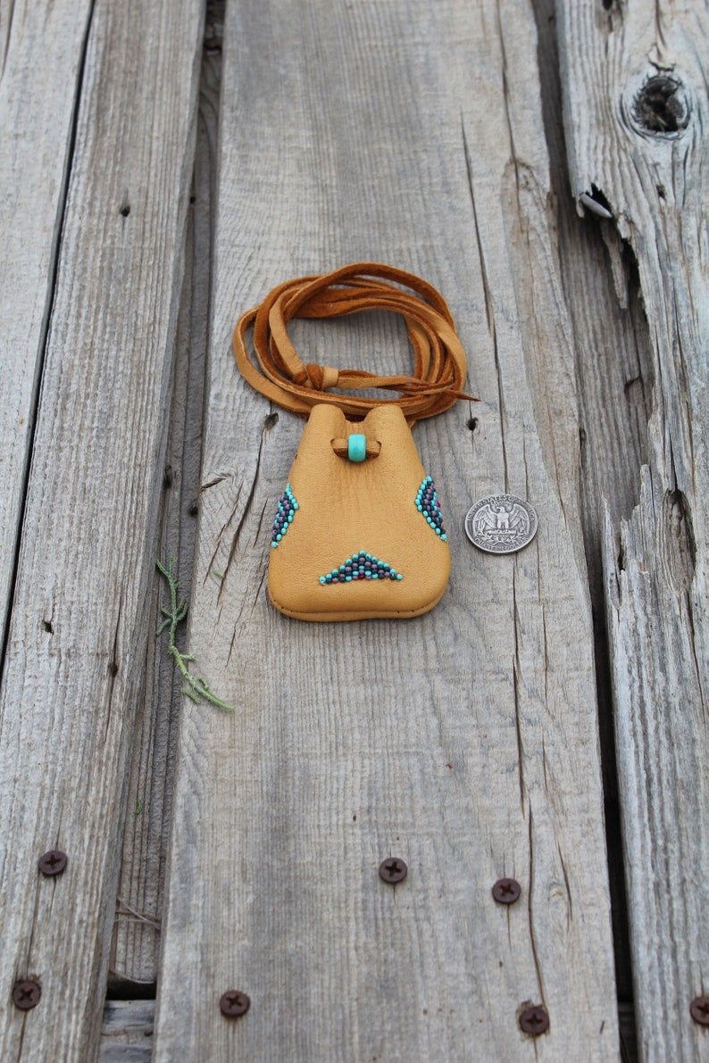 Beaded Medicine Bag Saddle Leather Amulet Pouch Necklace Etsy