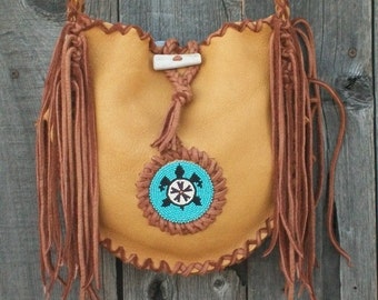 Handmade Leather Crossbody Bag with Beaded Turtle Totem and Fringe