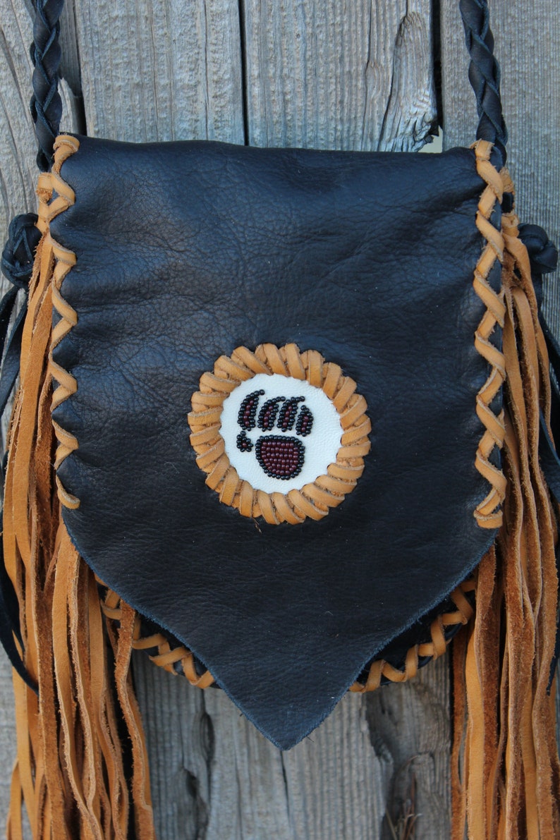 Fringed leather handbag, beaded bear paw, bear paw handbag, leather handbag, small size handbag, phone bag image 3