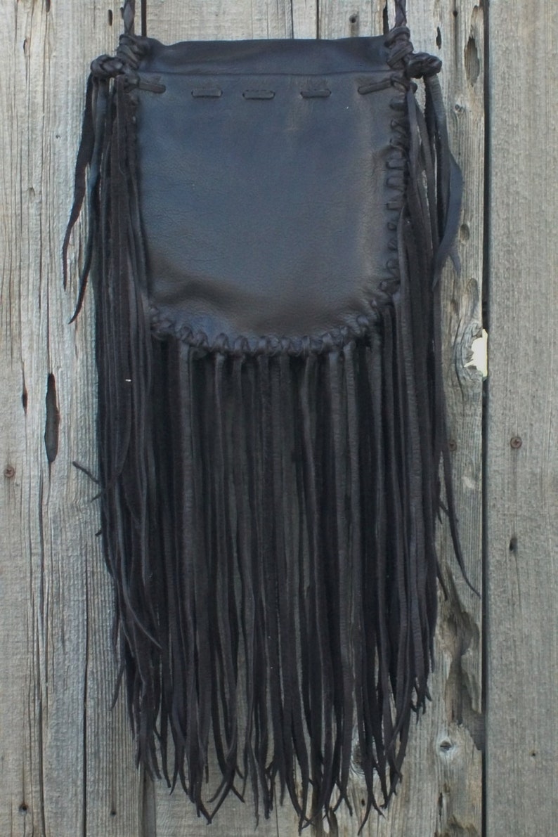 Leather handbag, Artisan crossbody bag with beaded turtle totem , Fringed leather handbag image 2