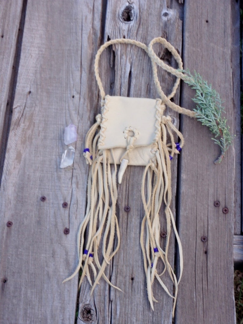Shaman's bag , Pow wow dance bag , Tribal medicine bag , Fringed leather amulet bag , Leather neck bag image 4