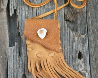 Fringed medicine bag , Leather neck pouch , Leather medicine bag , Necklace pouch , Crystal bag